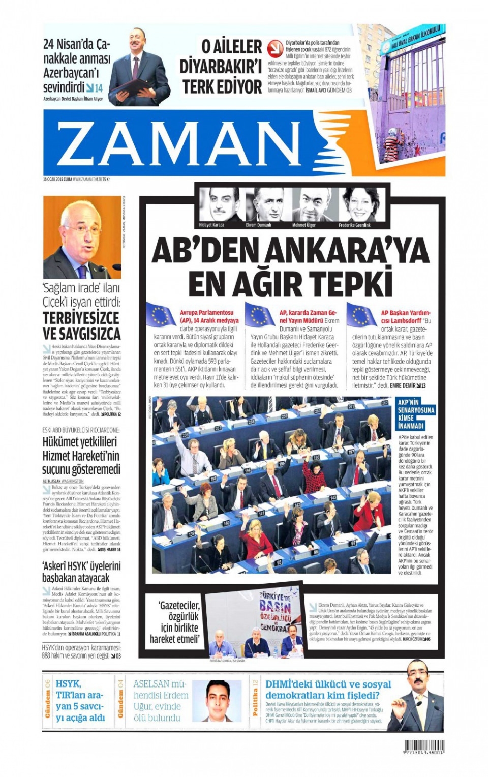 16 Ocak 2015 gazete manşetleri 22